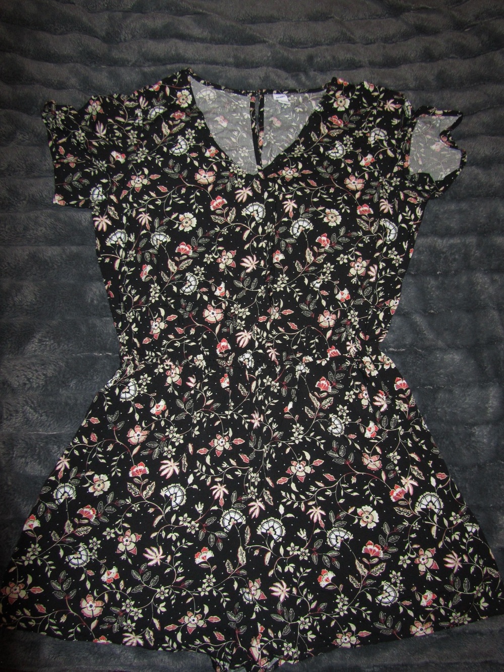 Old Navy Black Floral V-Neck Romper with Pink and Cream Accents
